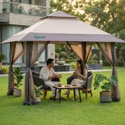 Luxury Pop-Up Gazebo Tent 13x13 ft with Netting & Wheeled STO-N-Go Bag | Beige & Coffee